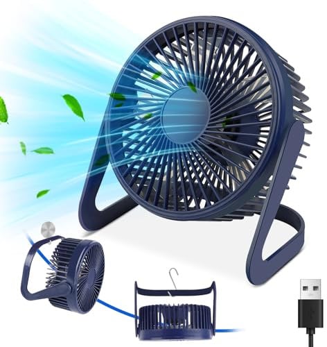 RISVOWO Ventilador USB, Ventilador Silencioso, Ventilador Pequeño, Ventilador Mesa, Ventilador de Sobremesa de 5'' con Cable de 1.5 Metros 360° Rotation para el Hogar, Oficina y Exteriores(Azul)