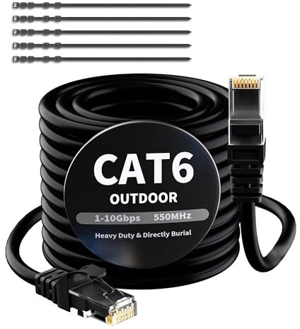 Mygatti 40 Metri CAT6 Cavo Ethernet per Esterno/Interno-Nero,cavo di rete Internet Gigabit,resistente,impermeabile,posa diretta,per fotocamera POE,cat 6 cavo patch LAN RJ45+25 fascette