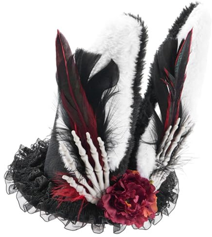 Mittelalterlicher Hut für Erwachsene, Steampunks, flacher Hut mit Totenkopf, Halloween-Feder und Hasenohren, Karneval, Rollenspiel, Magierhut, flacher Hut für Damen, kurze Krempe, flacher Hut, kurz