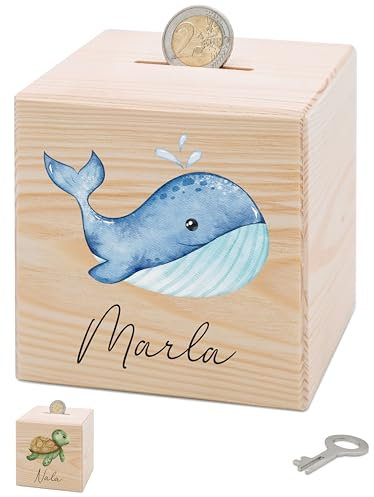 Bärenfreunde® - Personalisierte Spardose Kinder aus Holz mit Metallschloss - Spardose mit Namen mit kinderfreundlichem UV-Druck zum Sparen für Kinderträume (Wal)