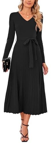 Arach&Cloz Jumper Dress for Women UK Long Sleeve Midi Knitted Pleated Dresses Fall Winter V Neck A Line Elegant Black Sweater Dress