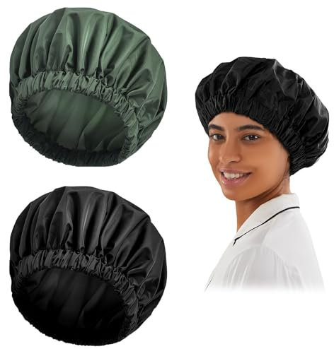 Reusable Shower Cap for Women, Large Waterproof Shower Bonnet Washable Elastic Band Bath Accessories Hair Hat for Long Hair, Braids(Black&Green)