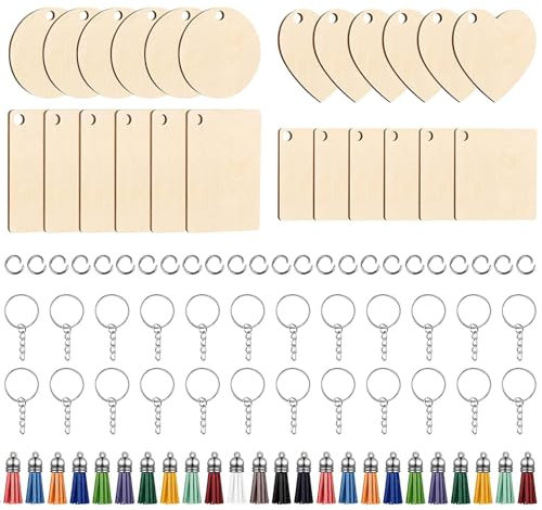 DEARBAG 96 Stück Natürliche Holzscheiben 4 Formen Holz Schlüsselanhänger Blanko DIY Personalisiert Unfertige Naturholz Schlüsselbund mit Loch zum Basteln Bemalen Holzanhänger Hängende Dekoration