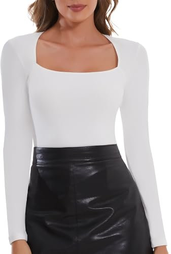 SHAPERIN Women’s Long Sleeve Tops Square Neck Top Plain Casual Shirts Base Layer Ribbed Tee White 1# XL