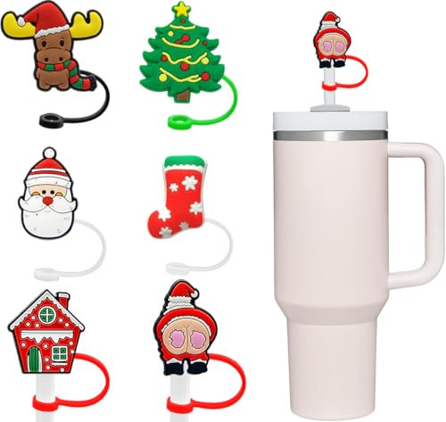 6 Stück Strohhalm Abdeckung für Stanley Cup Zubehör, 10mm Staubdichte Silikon Strohhalm Accessories, Wiederverwendbare Strohhalme Abdeckung für Stanley 40oz / 1200ml Tumbler Zubehör (Weihnachten)