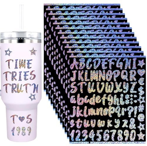 12 Sheets Vinyl Letters Stickers for Stanley Cups, 1 Inch Waterproof Capital Glitter Alphabet Decals Adhesive Letter & Number Name Stickers for Water Bottles Tumblers Holiday Party Crafts Decoration