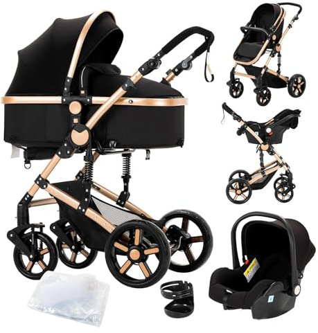 Doraystar Kinderwagen 3 in 1, Kombikinderwagen 3 in 1 mit Zwei Umkehrbaren Schiebemodi, Kinderwagen Set mit Ein-Klick-Faltdesign, Kinderwagen Komplettset Rahmen Aluminiumlegierung (588 Black Gold)