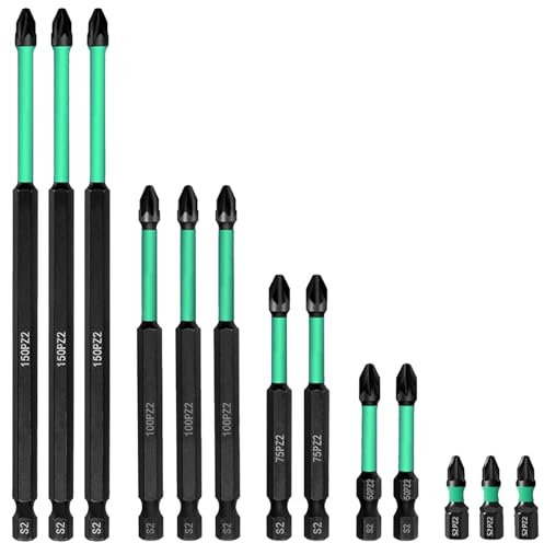 13Pcs PZ2 Impact Driver Bits Set,Magnetic Drill Bits, Magnetic Heavy Duty Long Pozidriv Screwdriver Bit in 5 Sizes (25mm-150mm), Durable S2 Steel Impact Driver Bits for Precision Fastening
