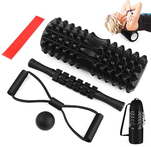 QOUBNIC Rouleau de massage, 5 en 1 Rouleau Massage Foam Roller Rouleau Massage en Mousse à Quadrillage, Rouleau Massage dos pour Massage Profond des Tissus Musculaires