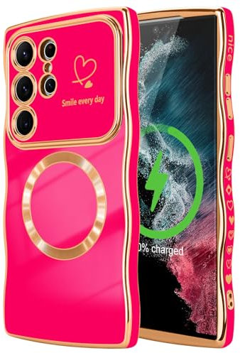 LCHULLE Magnetisch Handyhülle für Samsung Galaxy S22 Ultra 5G Hülle [Kompatibel mit Magsafe] Liebesherz Schutzhülle Kameraschutz Wellen Lockige Form Silikon Case für Samsung S22 Ultra 5G Rosarot