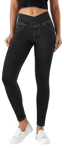 LaiEr V Crossover Skinny Jeans Donna Vita Alta Controllo Pancia Leggings Fitness Casual, Elasticità Morbida Stampa Denim Finto Casual con Tasche Laterali.(Nero L)