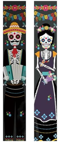 Baokuan 2 Stück Mexikanischer Türvorhang Zum Tag Der, Totenkopf-Aufdruck, Veranda-Schild, Türbanner, Dia De Los Muertos, Wandbehang, Deko-Paar Für Festliche Innen- Und Außendekoration