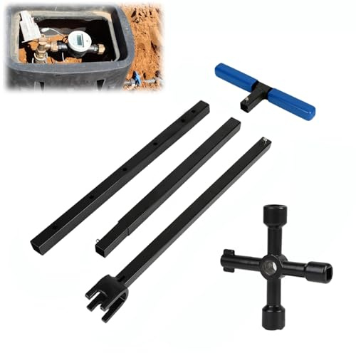 Miosugo Wasserzählerschlüssel, mit 4-fach-Werkzeug aus Kohlenstoffstahl, T Griff Wasserabsperrwerkzeug, Wasserzähler-Schraubenschlüssel für Wasserhähne, Ventile und Wasserleitungen (Blau)