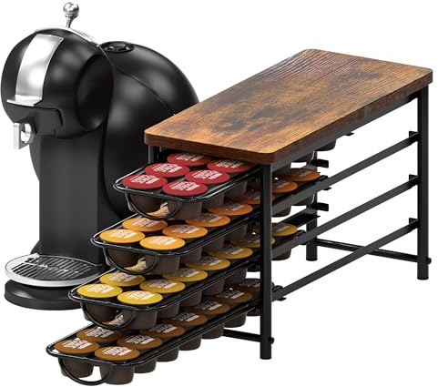 Porta cialde da caffè a 4 ripiani per Dolce Gusto, capacità 56 capsule, cassetto in metallo con piano in legno, organizer vintage antiscivolo per caffè da cucina, piccoli contatori