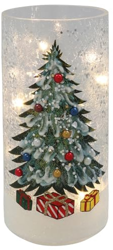 Shudehill Giftware Xmas Crackle Glass LED Lights, Tree Tube Style | Holly, Robins & Christmas Tree Designs, Battery Operated, Festive Decorations