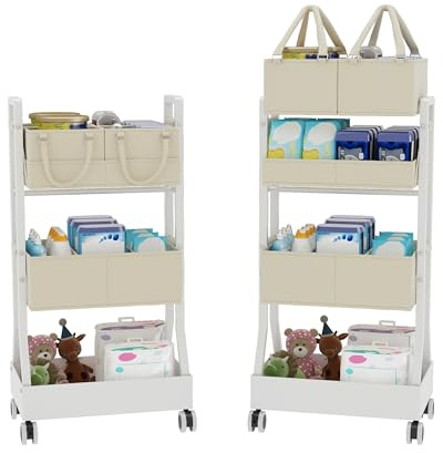 Ornestia Wickeltisch Organizer, 3 Etagen Wickeltisch Rollwagen mit Abnehmbar Wickelkorb, 2 in1 Baby-Windelwagen mit Trennwände Aufbewahrungswagen für Kinderzimmer, Schlafzimmer