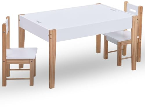 IBUQDDV Kinder-Sitzgruppe mit Kreidetafel Tisch und 2 Stühlen in Schwarz Weiß, 3-TLG. Möbelset aus MDF Kiefernholz mit Staufach, stabile Konstruktion ungiftige Lackierung für Spielen