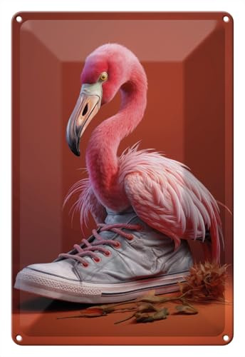 Wallario Blechschild Wandbild aus Metall Flamingo im Sneaker - 20 x 30 cm in Premium-Qualität: Brillante Farben