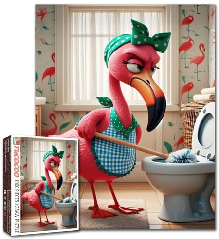 Puzzle de nettoyage humoristique flamant rose de 1 000 pièces - Oiseau tropical coloré - Puzzle de salle de bain pour adultes - Animal mignon - Puzzles artistiques de toilettes - Activité relaxante