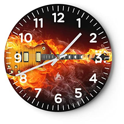 Modern Wanduhr Feuer Gitarre Instrument 30x30cm Rund Klein Wand Uhr Glas Analog Zimmeruhren Küche Büro Wohnzimmer Glasuhr Wall Clock Dekoration Design Wanddekoration Küchenuhr C4AR30x30-0197