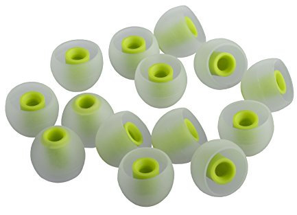 Xcessor (S 7 paia (14 pezzi) di ricambio in silicone per auricolari di piccole dimensioni, gommini di ricambio per cuffie intrauricolari popolari, trasparente/verde