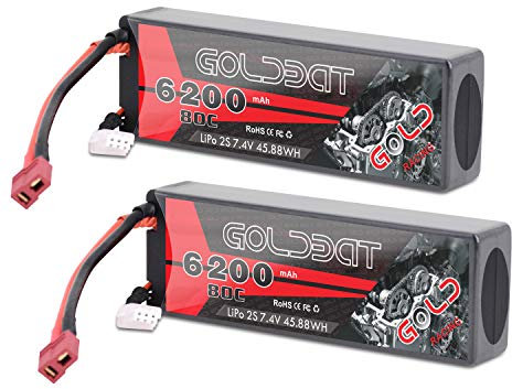 GOLDBAT RC Akku 6200 mAh Lipo Akku Lipo Batterie 80C 2S 7,4V mit Female T-Stecker Batterie Ersatzakku für RC Auto Flugzeug Helikopter Boot Buggy LKW usw. (2 Packs) …
