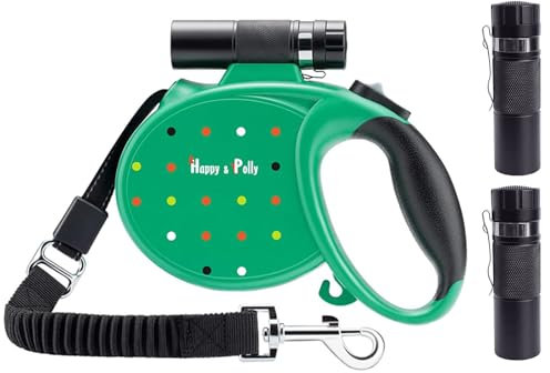 Einziehbare Hundeleine Mit Taschenlampe 5 M- Happy & Polly Schützende Bungee-Leine Praktischer Haken Reflektierende Angelschnur Gewebtes Starkes Band Einhand-Entriegelung Pause Und Schloss