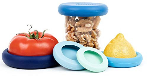 Food Huggers Wiederverwendbare Lebensmittelbehälter aus Silikon, BPA-frei und spülmaschinenfest, für Obst und Gemüse, für Zwiebeln, Tomaten, Zitronen, Banane, Dosen und mehr, rund, Eisblau, 5 Stück