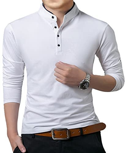 Mens Plain Polo Henley T-Shirt Long Sleeve Casual Cotton Tops Classic Comfort Soft Regular Fit T-Shirt Gym Running Originals Tee White, M
