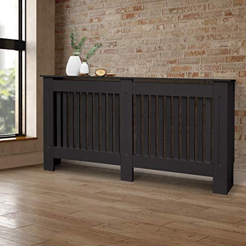 ECD Germany Cache-Radiateur Chauffage Moderne - 152x19x82cm - Noir Étagère en Bois MDF Housse Décorative Robuste Maison de Campagne Murale Meuble de Rangement Design Traditionnel pour Salon Chambre
