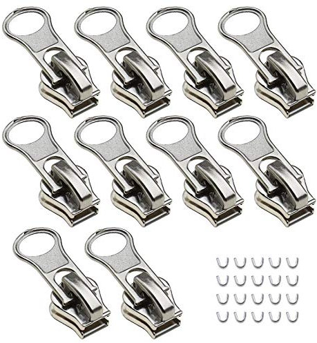 OTOTEC 10x Silver 5# Zippers Repair Kit, Replacement Resin Zips Pulls Sliders with U-Shape Stoppers for Clothes Backpacks 25x11mm