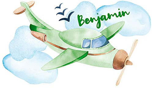 GRAZDesign Wandtattoo Kinderzimmer Junge Flugzeug | personalisiert mit Name | Wandsticker Babyzimmer Baby Jungen | Wandaufkleber Kinderzimmer Deko 99x57cm, Grün