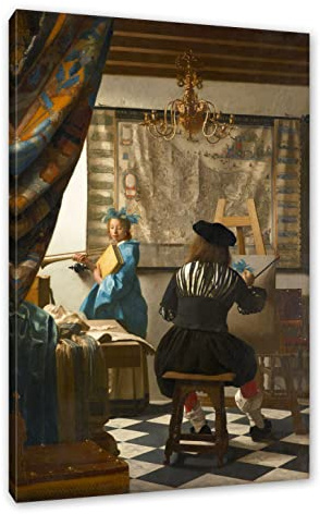 Pixxprint Johannes Vermeer - Die Allegorie der Malerei, Größe: 60x40cm, Leinwandbild, fertig gespannt, Wandbild, Dekoration, Kunstdruck, kein Poster
