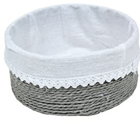 (2) DOS CESTA REDONDA TIRAS DE PAPEL GRIS CON TELA BLANCA. Bandejita de cartón gris, Bandejita para decoración, Bandejita para almacenaje(17×17×8) …