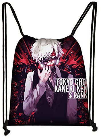Zhongkaihua Tokyo Ghoul Kordelzug-Tasche, Anime Kaneki Ken/Kirishima Toka 3D-Muster mit Taschen, Reise, Schule, Kordelzug-Rucksack, Typ 1, 32*38cm