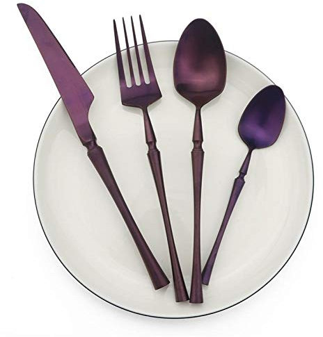 Lila Besteck Edelstahl St Stahl Matte Polieren Schwarz Geschirr Set Geschirr Abendessen Messer Gabel Suppe Küchenzubehör essgeschirr (Color : Purple)