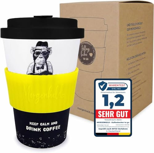 Morgenheld Taza de Café de Viaje Reutilizable, Monkey Citron, Porcelana Vaso con Tapa 380ml