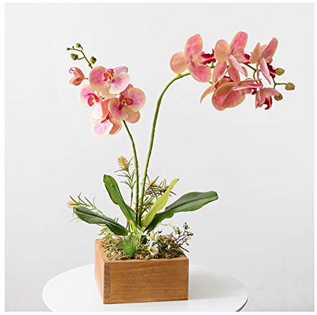 Künstliche Blumen, Zwei Äste, künstliche Orchideen im Topf – lebensechte Kunstblumen-Arrangement mit Holztopf, Elegante Simulations-Orchideen-Bonsai für Büro/Rosa (Rosa)