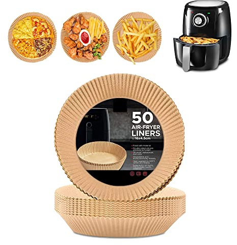 Albert Austin Air Fryer Liners Parchment Paper Liners for Microwave Air Fryer Steamer Pack of 50 Oil Proof Disposable Greaseproof Baking Paper Liners Food Grade Air Fryer Liners (Round 16 x 4.5 cm)