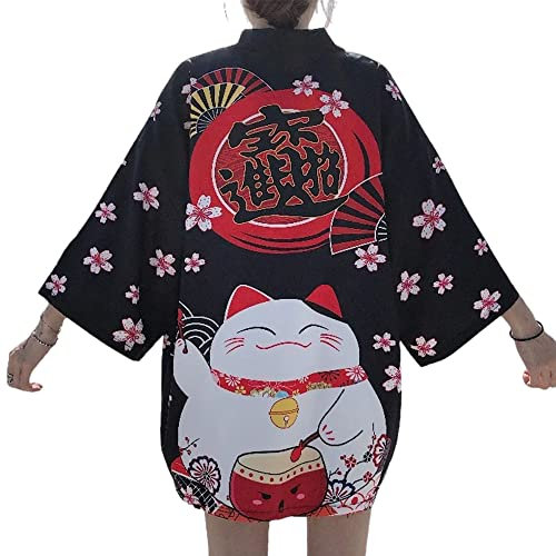 Damen-Kimono-Cardigan mit japanischem Schaldruck, lockere Anime-Bluse mit 3/4-Ärmeln, Strandbluse, Schwarz # 2, Einheitsgröße