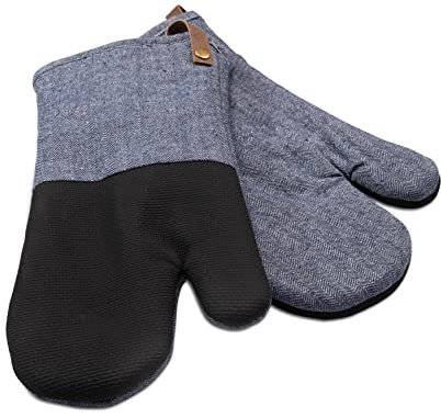 Cuisinart Neoprene Blue Oven Gloves Set of 2 - Oven Mitts with Blue Herringbone Cuff, Faux Leather Hanging Loop, Neoprene Non Slip, Heat Resistant Oven Mitts