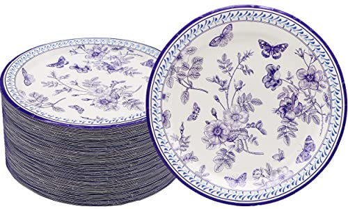 40 Pcs Floral Blue & White Flower Party Supplies White & Blue Floral Paper Plates 7 Wedding Party Plates for Floral Party Theme Bridal Shower Baby Shower Tea Party Floral Birthday Party Decorations