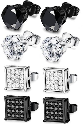 Dochais 4 Paar Schwarz Ohrstecker Herren Iced Out Männer Ohrringe Set Edelstahl Silber Zirkonia Ohringestecher Stecker Allergiefreie Geschenk für Herren Damen Unisex