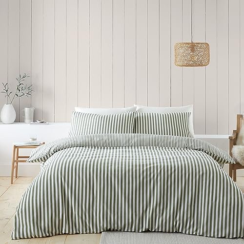 Catherine Lansfield Brushed Cotton Stripe Reversible King Duvet Cover Set with Pillowcases Green