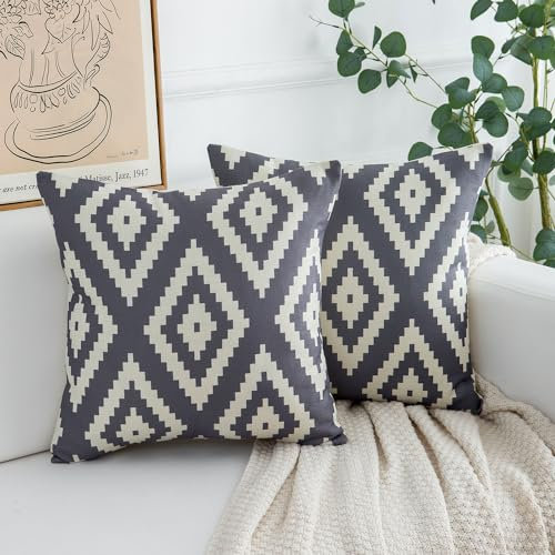Cheekywares Kissenbezug Grau Boho Leinen Kissenbezüge 45 x 45 cm Sofakissen Geometrische Muster Abstrakt Dekokissen Couchkissen für Sofa Auto Schlafzimmer Zuhause Zierkissenbezüge 2er Set