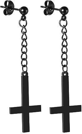 Cupimatch Kreuz Ohrstecker Schwarz Ohrringe - Kette mit Inverted Cross Ohrhänger Edelstahl Ohrringe Gothic Herren Damen Upside Down Kreuz Ohrringen