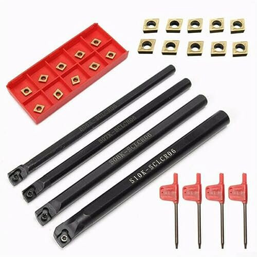 Drehmaschine Drehwerkzeug Set, 4 Satz Schaft Metall CNC Drehmaschine Drehwerkzeug mit Schraubenschlüssel Bohrstange mit Hartmetalleinsätzen