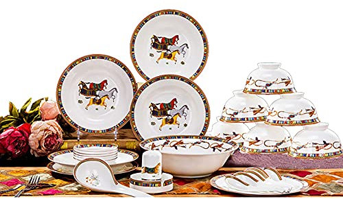 28-TLG. Bone China Tafelservice, Porzellan Küche Rundes Tafelgeschirr Kombi-Set Service für 6 Personen mit Müslischalen Dessertteller Suppenteller Geschirr Mikrowellen- und Backofengeeignet