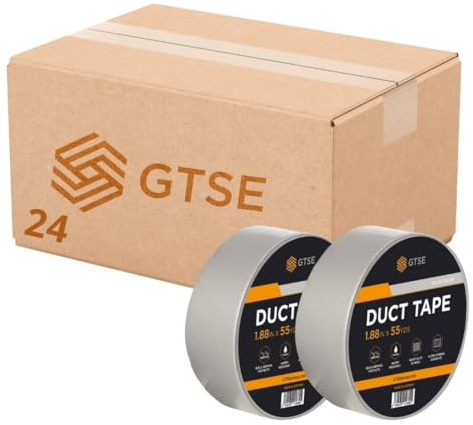 GTSE 24 Rolls, Silver Duct Tape, 48mm x 50m, 2” Waterproof Strong Adhesive Gaffer Tape for Patching, Sealing, Securing Cables and Labelling, Heavy Duty Tape