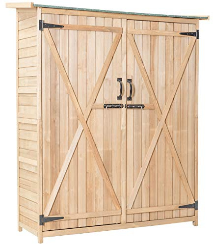 KOMFOTTEU Gartenschrank Holz 140x50x162cm, Geräteschuppen Outdoor mit 2 Regalböden & 1 Schrank, Gerätehaus wetterfest mit abschließbaren Türen, Lagerschrank Werkzeugschrank für Terrasse, Balkon